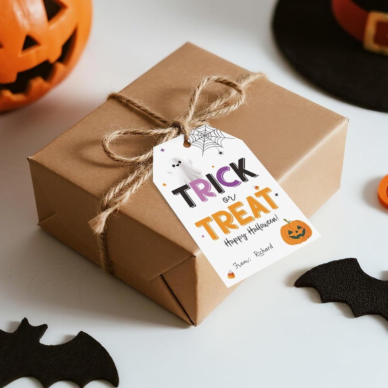 Alynta Halloween Tags with String - 50Pcs Happy Halloween Paper Gift Tags Trick or Treat Tag Pumpkin Ghost Name Tag Labels for Goodie Bags Gift Wrapping Halloween Decorations (White) - Image 5